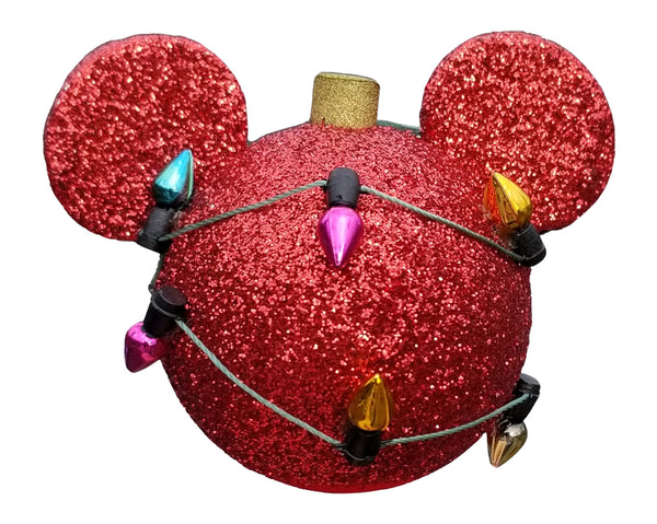Disney Mickey Mouse Christmas Ornament w/ Red Glitter & Christmas Lights Antenna Topper / Cute Dashboard Accessory